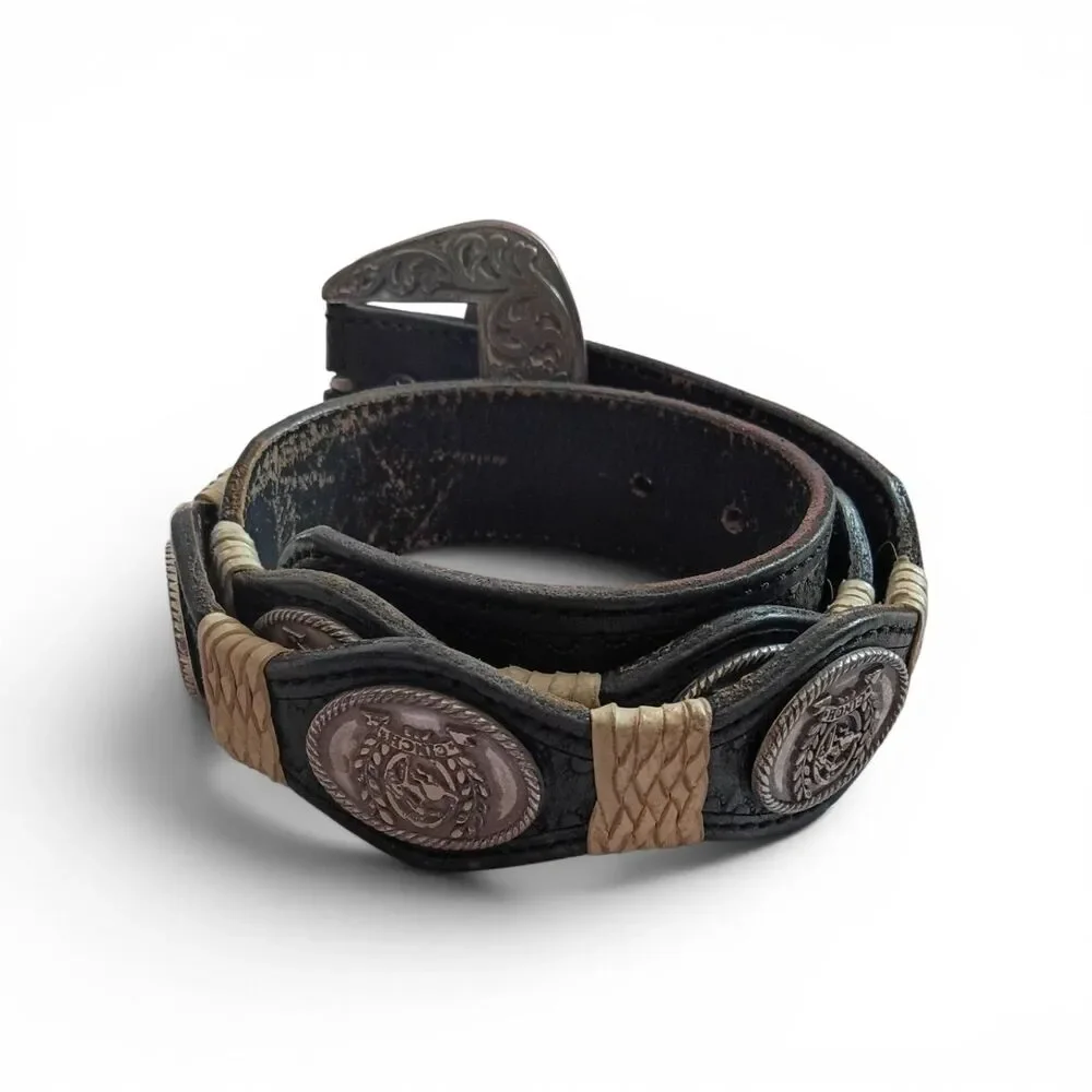 Vtg 1995 Cinch Black Genuine Leather Concho Belt Western Goth Cowboycore Size 34